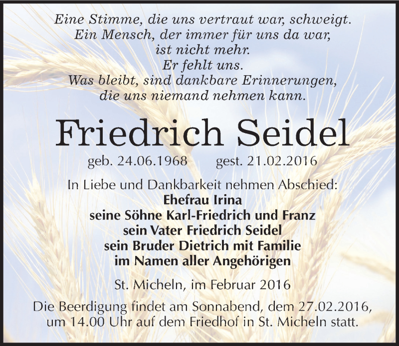  Traueranzeige für Friedrich Seidel vom 24.02.2016 aus Mitteldeutsche Zeitung Merseburg/Querfurt