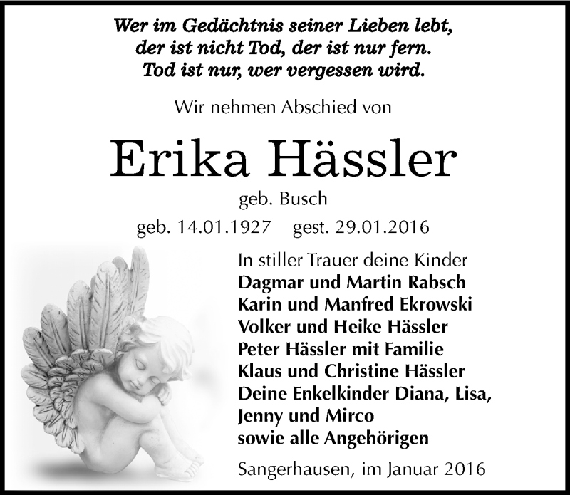  Traueranzeige für Erika Hässler vom 13.02.2016 aus Mitteldeutsche Zeitung Sangerhausen