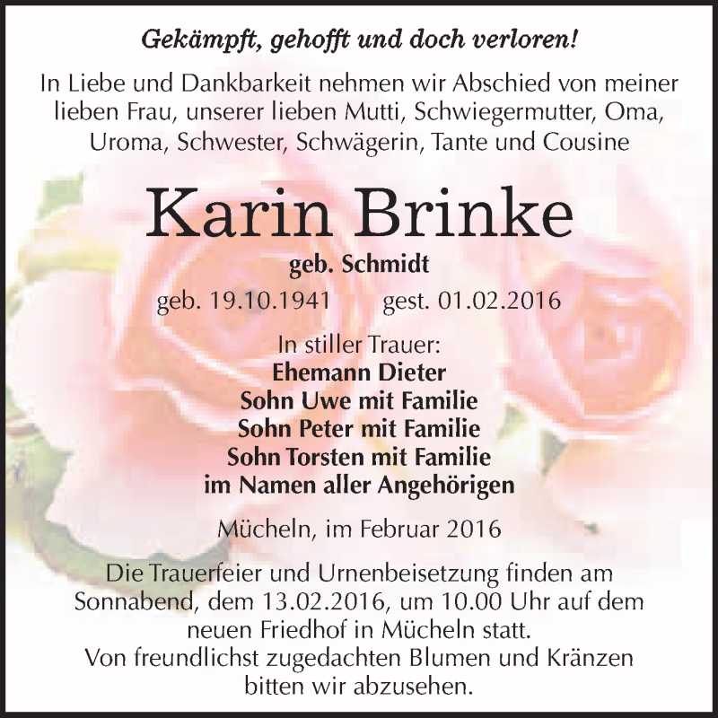  Traueranzeige für Karin Brinke vom 06.02.2016 aus WVG - Wochenspiegel Merseburg