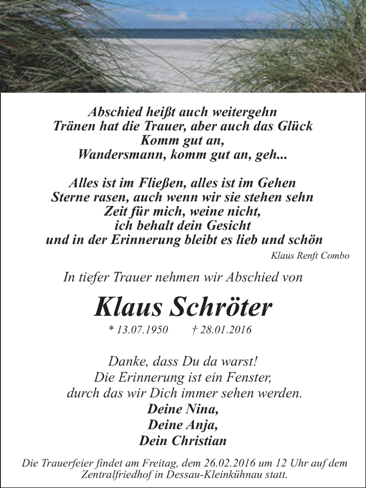  Traueranzeige für Klaus Schröter vom 06.02.2016 aus WVG - Wochenspiegel Dessau / Köthen