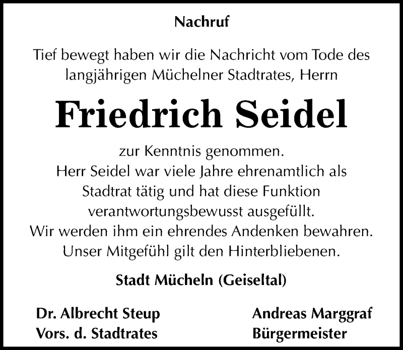  Traueranzeige für Friedrich Seidel vom 27.02.2016 aus Mitteldeutsche Zeitung Merseburg/Querfurt