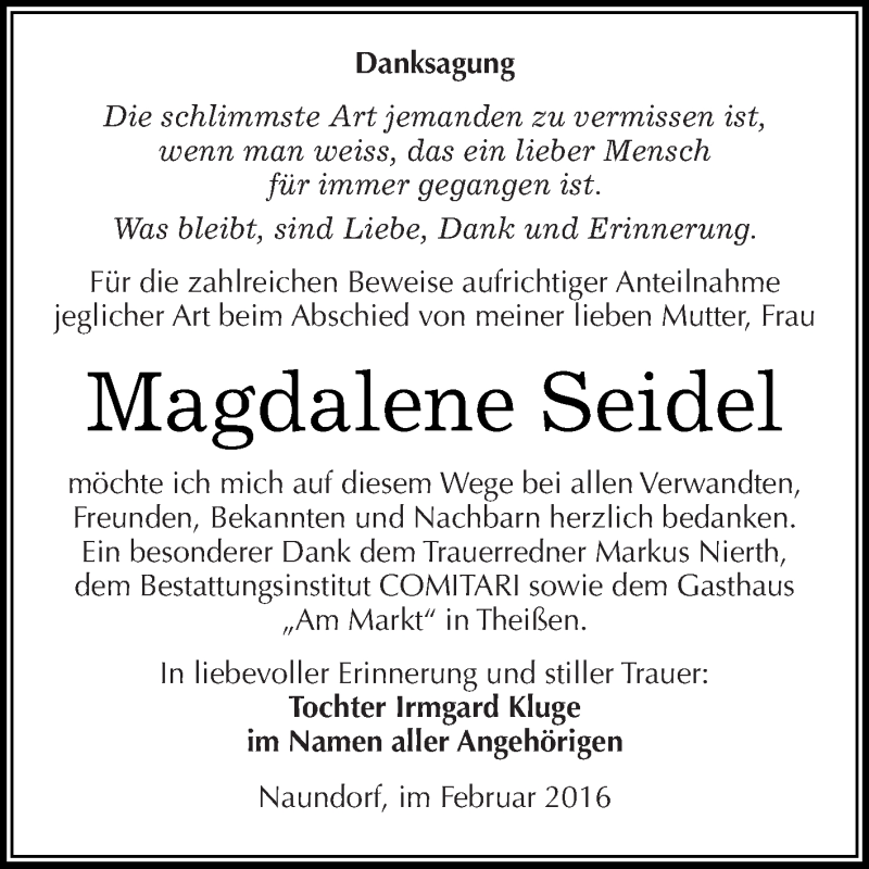  Traueranzeige für Magdalene Seidel vom 06.02.2016 aus WVG - Wochenspiegel NMB / WSF / ZTZ
