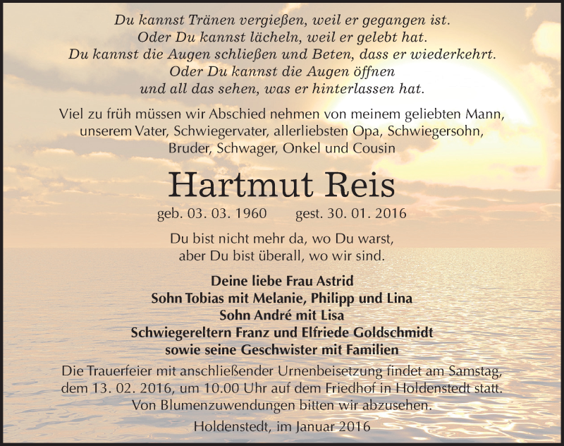  Traueranzeige für Hartmut Reis vom 06.02.2016 aus Mitteldeutsche Zeitung Sangerhausen