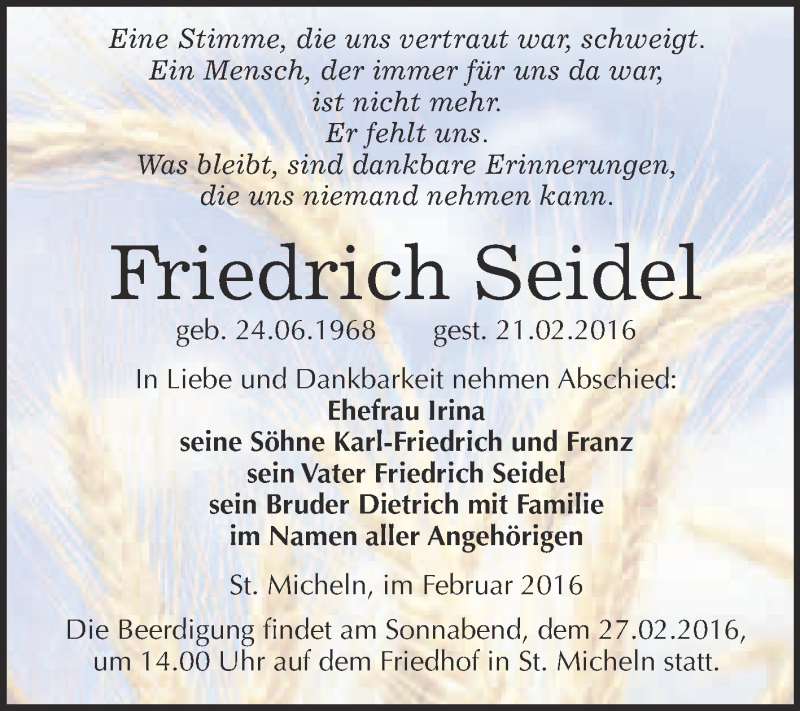  Traueranzeige für Friedrich Seidel vom 24.02.2016 aus WVG - Wochenspiegel Merseburg