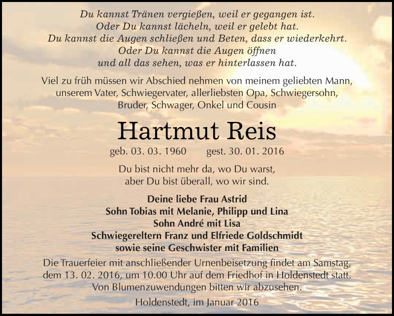  Traueranzeige für Hartmut Reis vom 06.02.2016 aus Super Sonntag SGH Mansf. Land