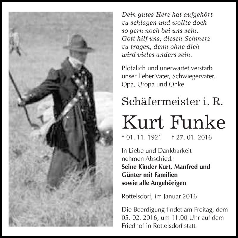  Traueranzeige für Kurt Funke vom 03.02.2016 aus Wochenspiegel Mansfelder Land