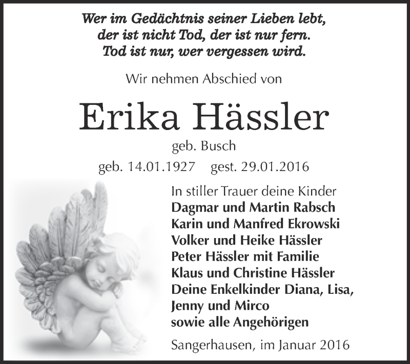 Traueranzeige für Erika Hässler vom 13.02.2016 aus Super Sonntag SGH Mansf. Land