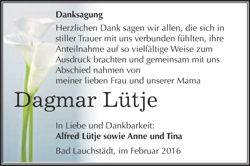  Traueranzeige für Dagmar Lütje vom 10.02.2016 aus WVG - Wochenspiegel Merseburg
