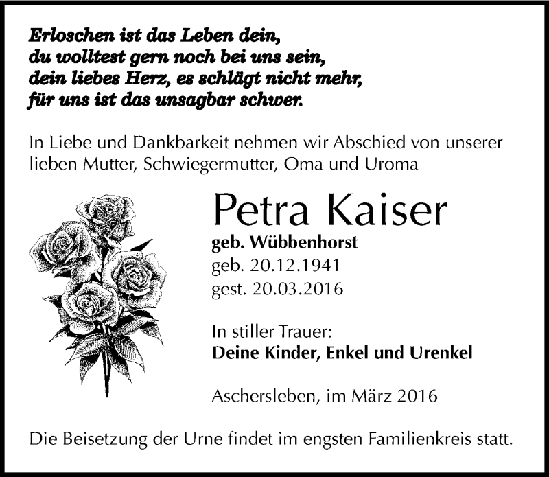  Traueranzeige für Petra Kaiser vom 30.03.2016 aus Mitteldeutsche Zeitung Aschersleben