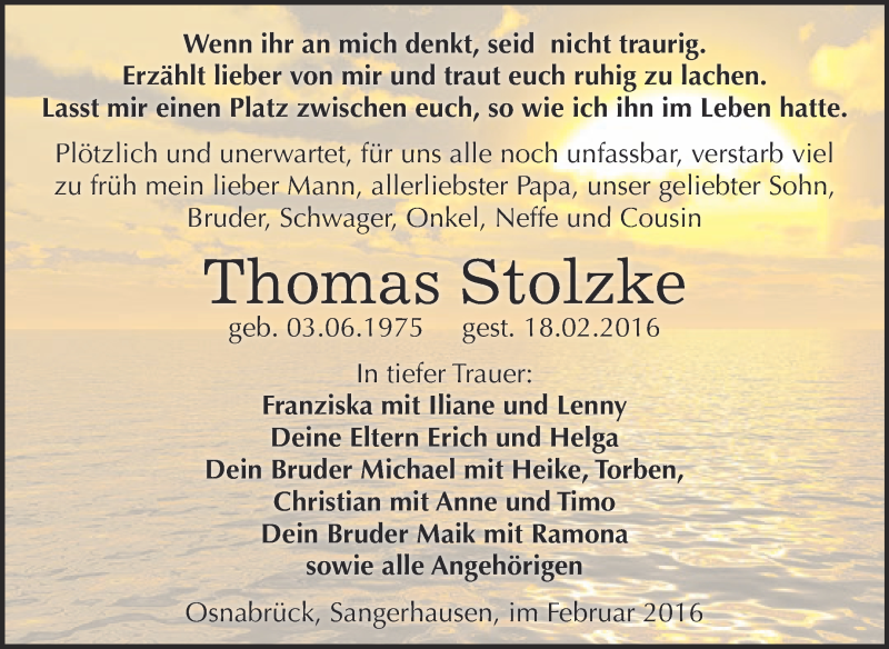  Traueranzeige für Thomas Stolzke vom 05.03.2016 aus Super Sonntag SGH Mansf. Land