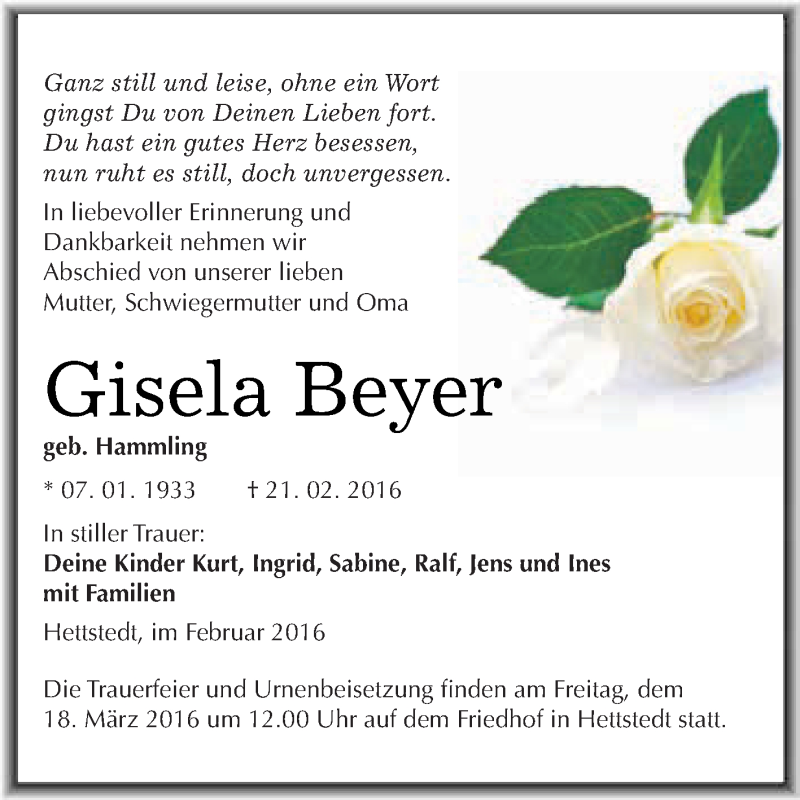 Traueranzeige für Gisela Beyer vom 02.03.2016 aus Wochenspiegel Mansfelder Land