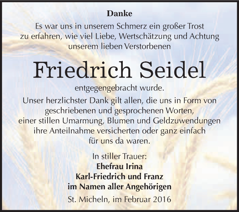  Traueranzeige für Friedrich Seidel vom 05.03.2016 aus WVG - Wochenspiegel Merseburg