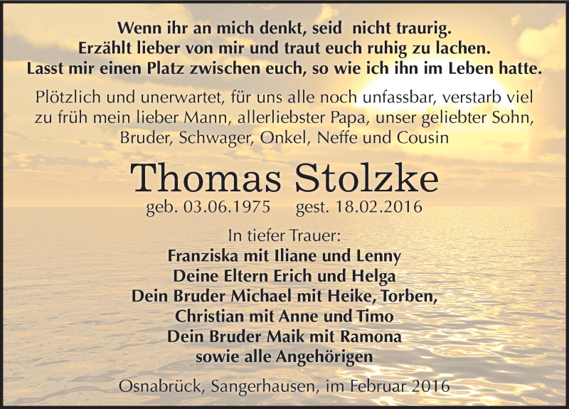  Traueranzeige für Thomas Stolzke vom 03.03.2016 aus Mitteldeutsche Zeitung Sangerhausen