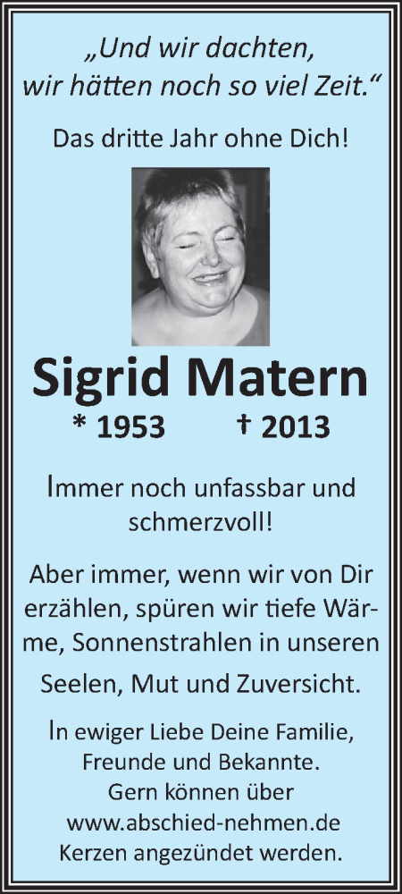  Traueranzeige für Sigrid Matern vom 26.03.2016 aus Mitteldeutsche Zeitung Halle/Saalkreis