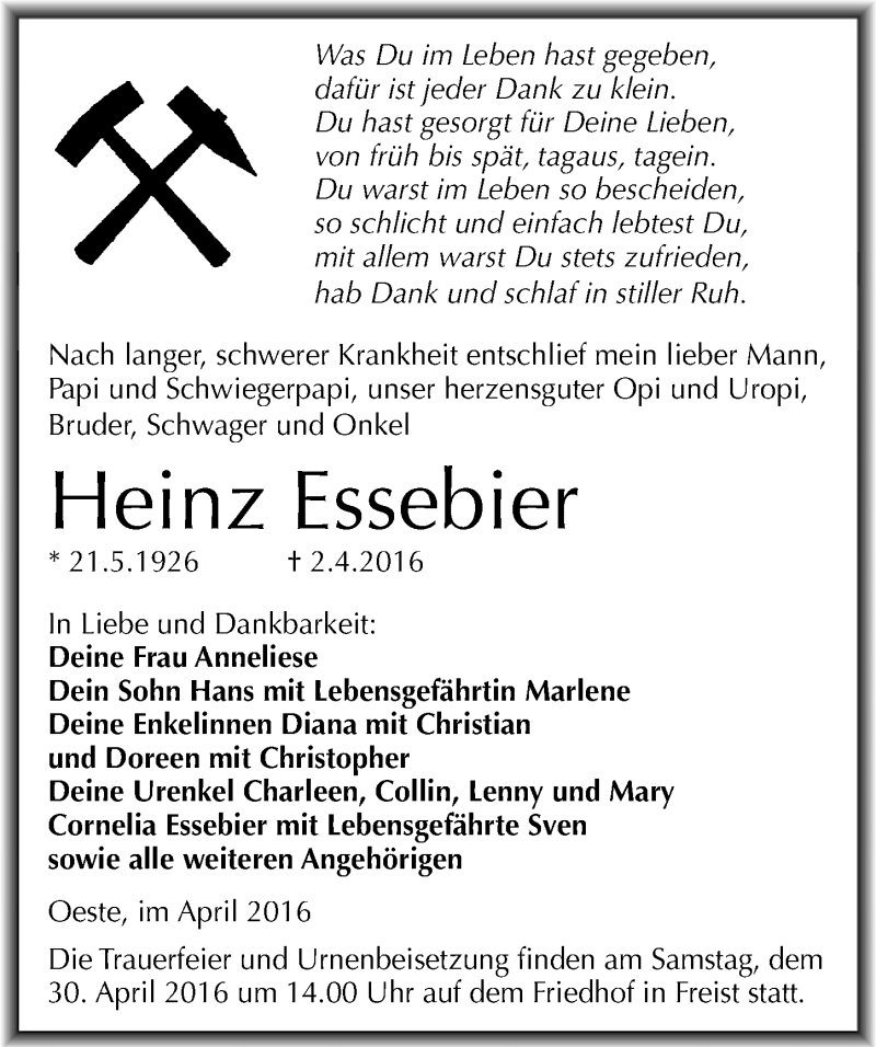  Traueranzeige für Heinz Essebier vom 06.04.2016 aus Mitteldeutsche Zeitung Mansfelder Land