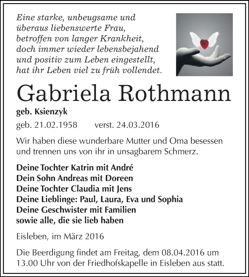  Traueranzeige für Gabriela Rothmann vom 02.04.2016 aus Super Sonntag SGH Mansf. Land