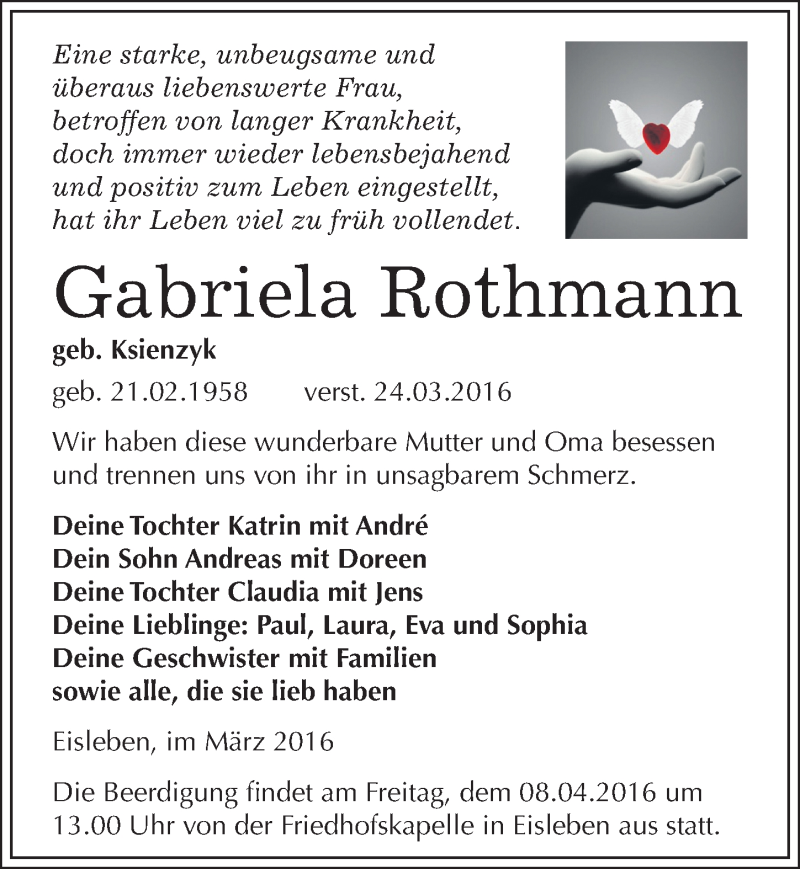  Traueranzeige für Gabriela Rothmann vom 02.04.2016 aus Mitteldeutsche Zeitung Mansfelder Land