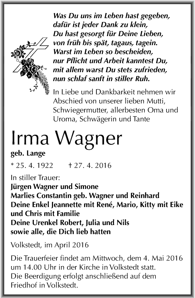  Traueranzeige für Irma Wagner vom 30.04.2016 aus Mitteldeutsche Zeitung Mansfelder Land