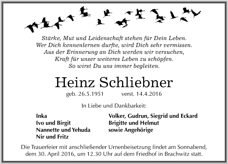 Traueranzeige für Heinz Schliebner vom 23.04.2016 aus Mitteldeutsche Zeitung Halle/Saalkreis