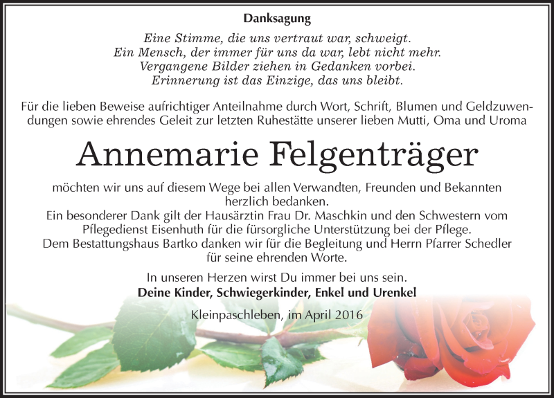  Traueranzeige für Annemarie Felgenträger vom 21.04.2016 aus Mitteldeutsche Zeitung Köthen