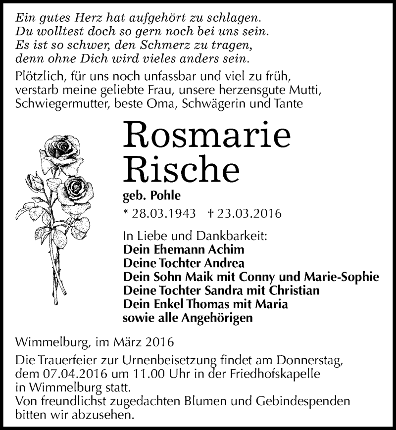  Traueranzeige für Rosmarie Rische vom 02.04.2016 aus Mitteldeutsche Zeitung Mansfelder Land