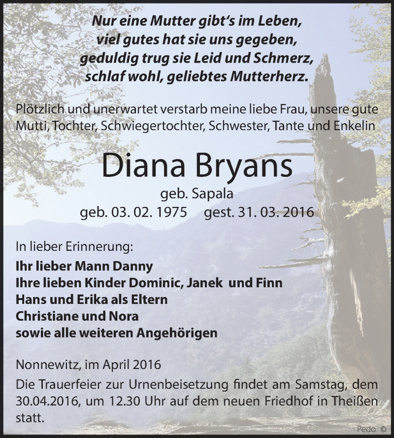  Traueranzeige für Diana Bryans vom 09.04.2016 aus Super Sonntag Zeitz