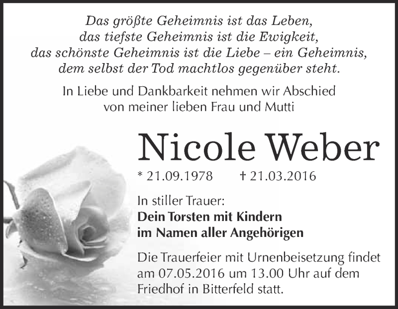  Traueranzeige für Nicole Weber vom 20.04.2016 aus WVG - Wochenspiegel Bitterfeld