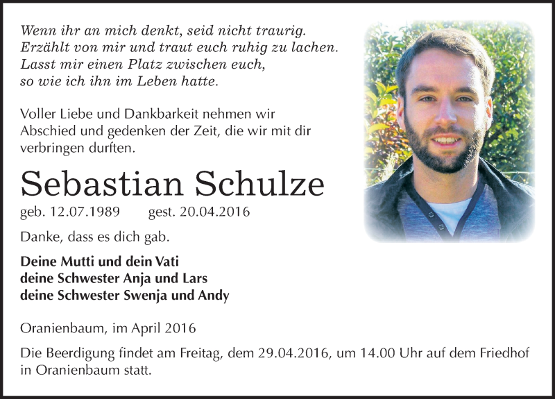  Traueranzeige für Sebastian Schulze vom 25.04.2016 aus Mitteldeutsche Zeitung Wittenberg