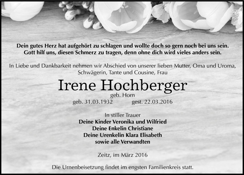  Traueranzeige für Irene Hochberger vom 02.04.2016 aus Mitteldeutsche Zeitung Zeitz