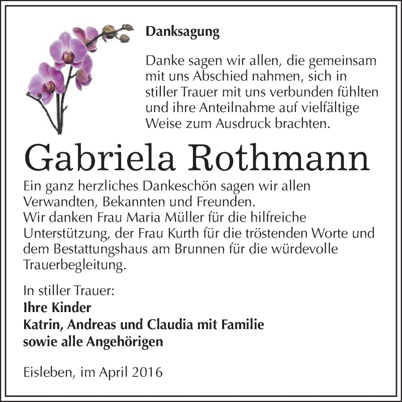  Traueranzeige für Gabriela Rothmann vom 27.04.2016 aus Wochenspiegel Mansfelder Land