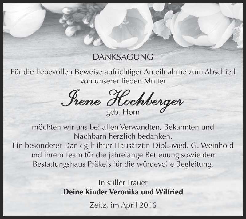  Traueranzeige für Irene Hochberger vom 23.04.2016 aus Super Sonntag Zeitz