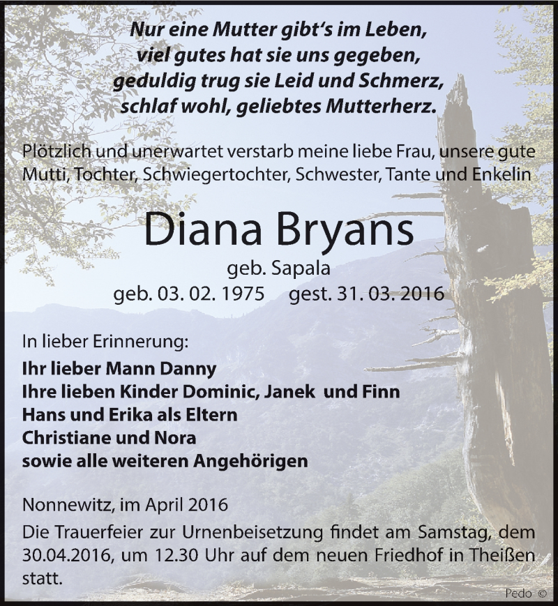 Traueranzeige für Diana Bryans vom 09.04.2016 aus Mitteldeutsche Zeitung Zeitz