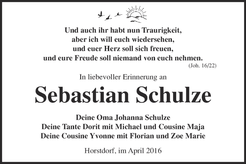  Traueranzeige für Sebastian Schulze vom 30.04.2016 aus Super Sonntag Wittenberg