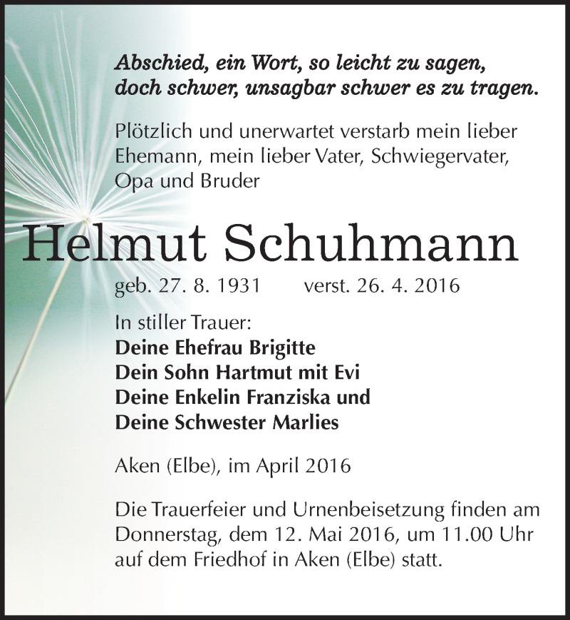  Traueranzeige für Helmut Schuhmann vom 28.04.2016 aus Mitteldeutsche Zeitung Köthen