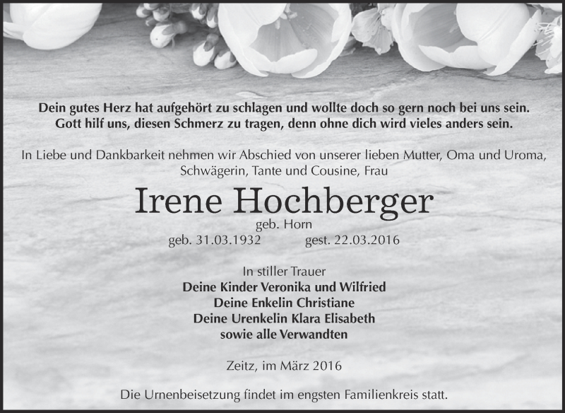  Traueranzeige für Irene Hochberger vom 02.04.2016 aus Super Sonntag Zeitz