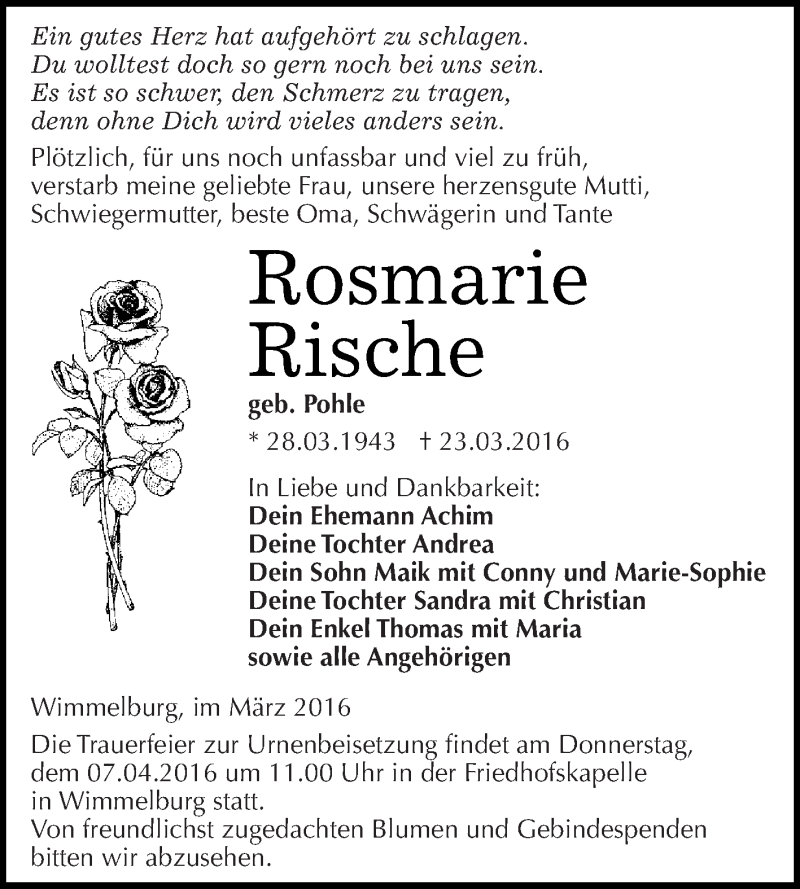  Traueranzeige für Rosmarie Rische vom 02.04.2016 aus Super Sonntag SGH Mansf. Land