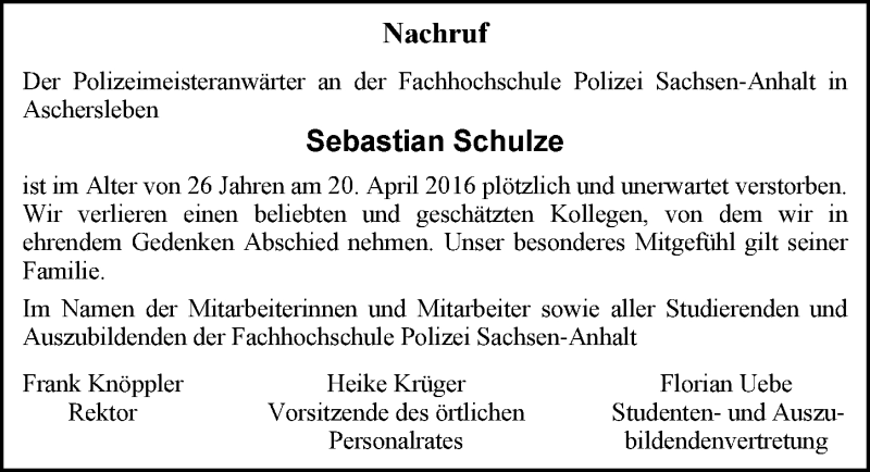  Traueranzeige für Sebastian Schulze vom 29.04.2016 aus Mitteldeutsche Zeitung Wittenberg