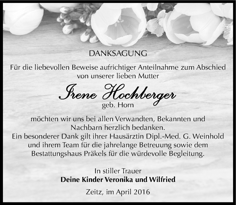  Traueranzeige für Irene Hochberger vom 23.04.2016 aus Mitteldeutsche Zeitung Zeitz
