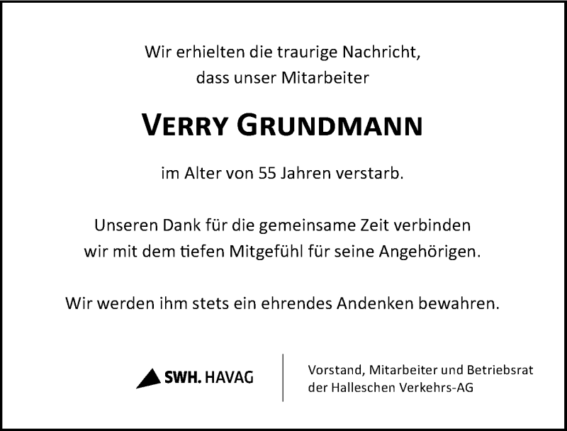  Traueranzeige für Verry Grundmann vom 13.04.2016 aus Mitteldeutsche Zeitung Halle/Saalkreis