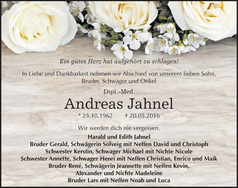 Traueranzeige für Andreas Jahnel vom 27.05.2016 aus Mitteldeutsche Zeitung Halle/Saalkreis