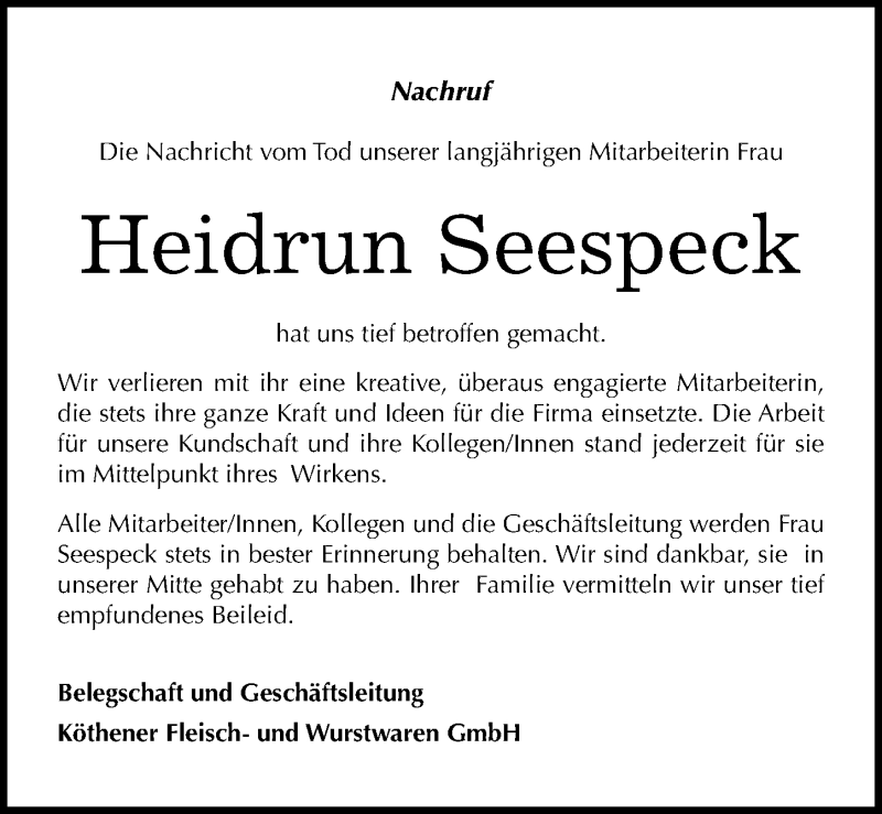  Traueranzeige für Heidrun Seespeck vom 26.05.2016 aus Mitteldeutsche Zeitung Köthen