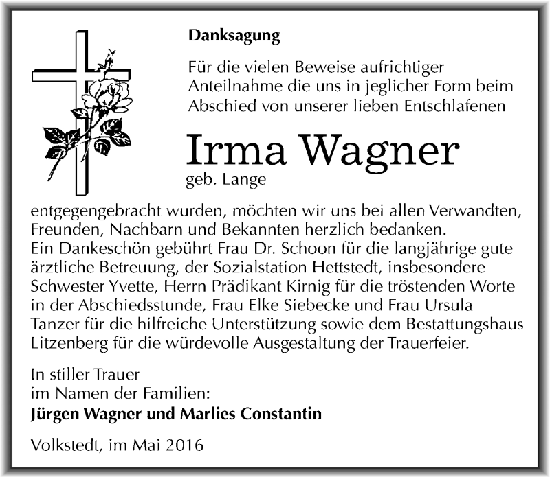  Traueranzeige für Irma Wagner vom 28.05.2016 aus Mitteldeutsche Zeitung Mansfelder Land