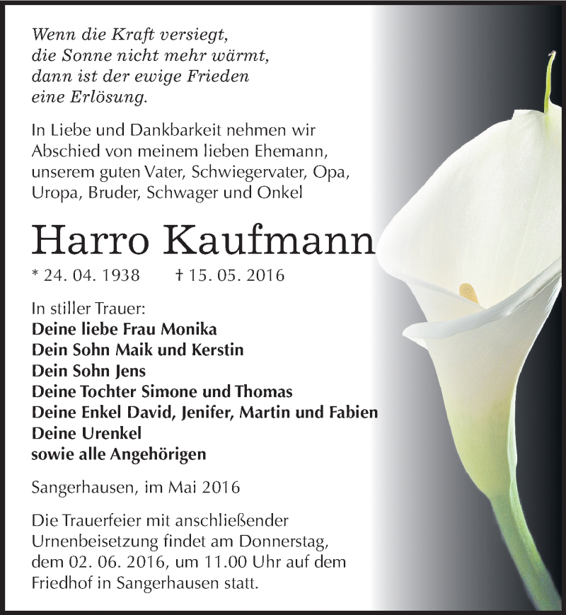  Traueranzeige für Harro Kaufmann vom 26.05.2016 aus Mitteldeutsche Zeitung Sangerhausen