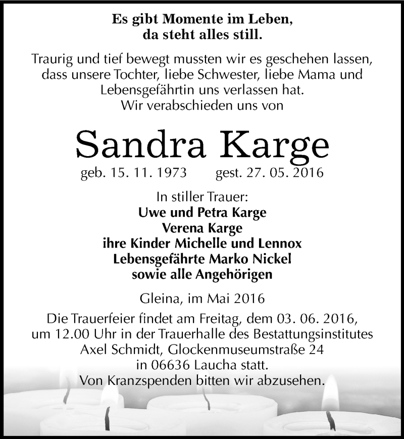  Traueranzeige für Sandra Karge vom 31.05.2016 aus Mitteldeutsche Zeitung Naumburg/Nebra