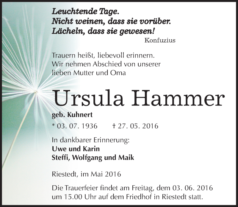  Traueranzeige für Ursula Hammer vom 31.05.2016 aus Mitteldeutsche Zeitung Sangerhausen
