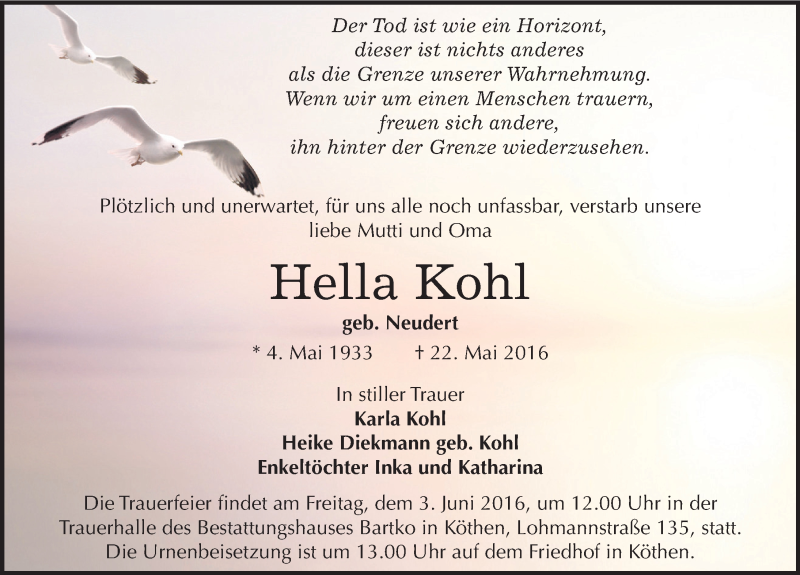  Traueranzeige für Hella Kohl vom 27.05.2016 aus Mitteldeutsche Zeitung Köthen
