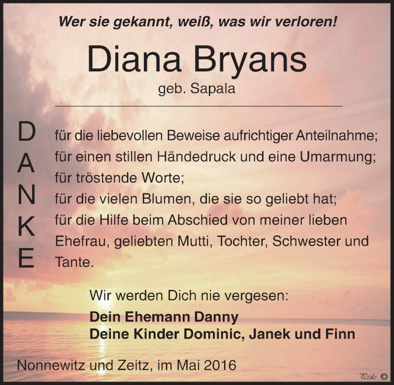  Traueranzeige für Diana Bryans vom 07.05.2016 aus Mitteldeutsche Zeitung Zeitz