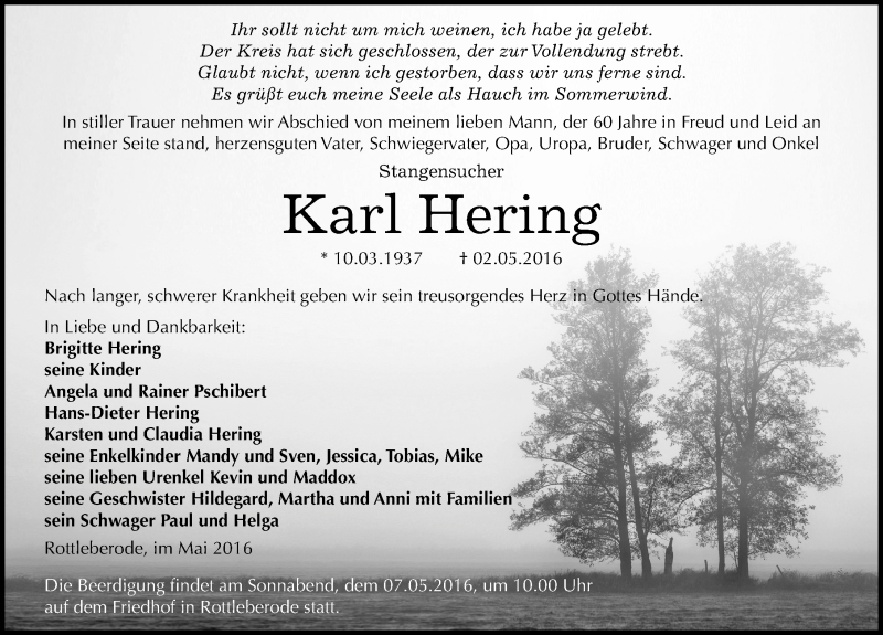  Traueranzeige für Karl Hering vom 04.05.2016 aus Mitteldeutsche Zeitung Sangerhausen