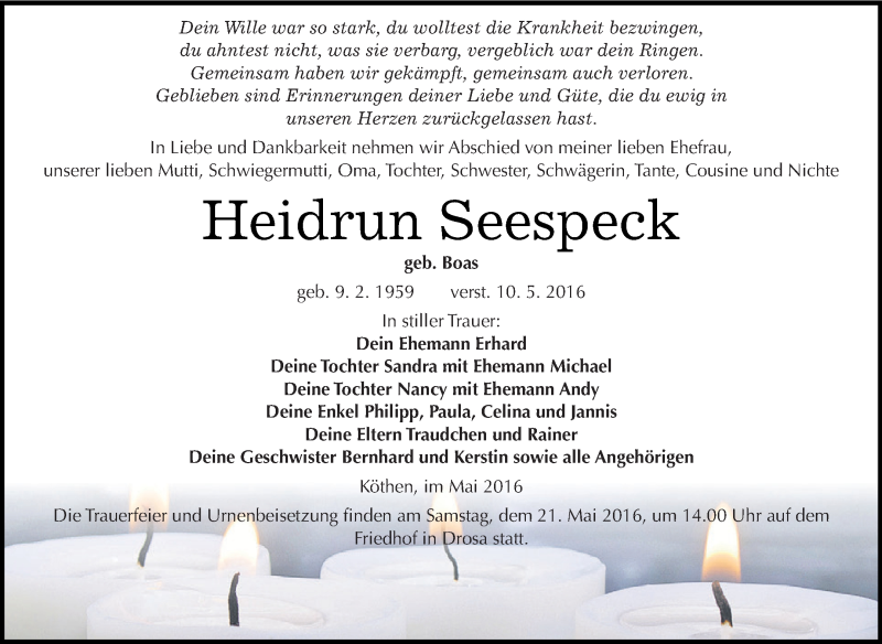  Traueranzeige für Heidrun Seespeck vom 14.05.2016 aus WVG - Wochenspiegel Dessau / Köthen