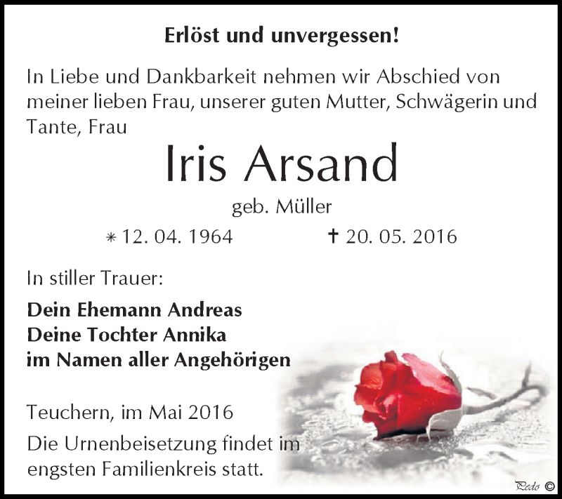  Traueranzeige für Iris Arsand vom 25.05.2016 aus WVG - Wochenspiegel NMB / WSF / ZTZ